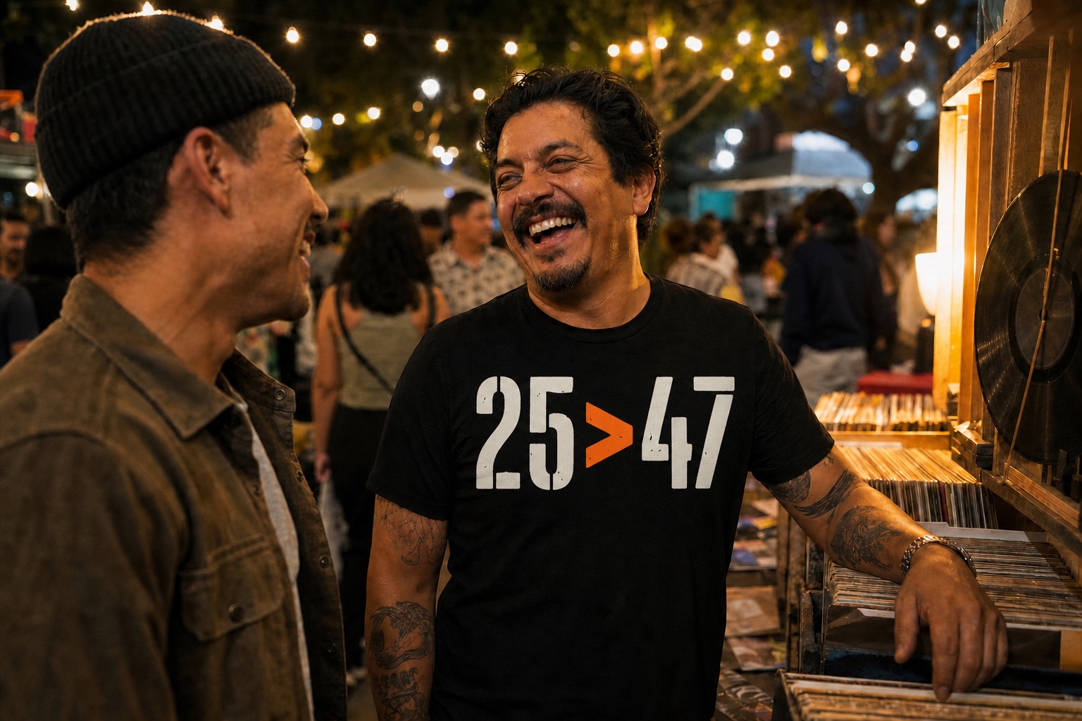 Latino man wearing a black 25 greater than 47 tee at a neighborhood night market