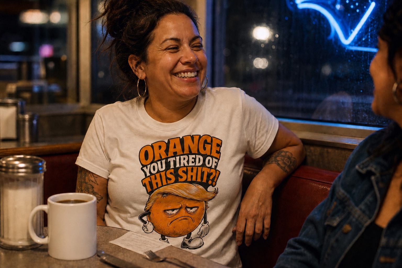 Woman laughing in a diner while wearing the Orange You Tired of This Shit T-shirt beside a blank coffee mug
